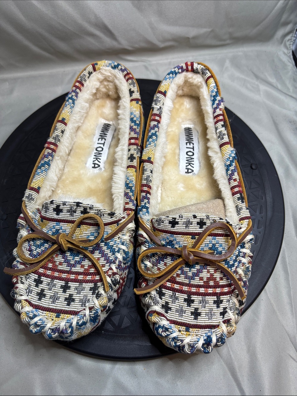 Minnetonka Multicolor Aztec-Pattern Moccasins with Faux Fur Lining
